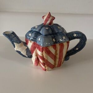 Patriotic Star Ceramic Teapot Décor - Blue & Red 7"